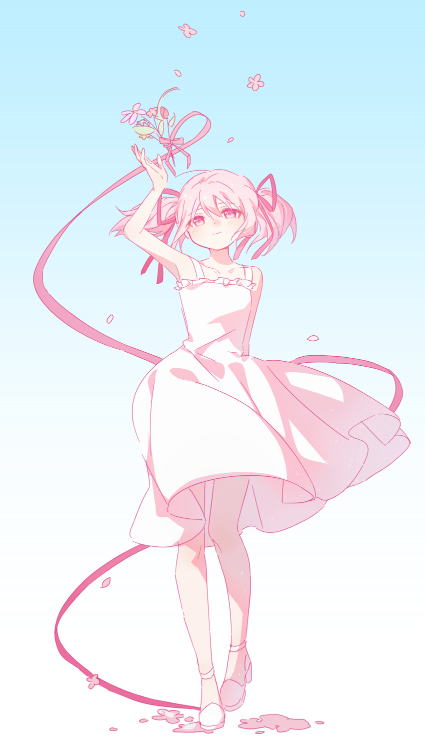 1girl, absurdres, arm_behind_back, arm_up, bare_arms, bare_shoulders, blue_background, bouquet, chinese_commentary, collarbone, commentary_request, dress, falling_petals, flower, full_body, gradient_background, hair_ribbon, high_heels, highres, kaname_madoka, looking_up, mahou_shoujo_madoka_magica, mahou_shoujo_madoka_magica_(anime), petals, pink_eyes, pink_flower, pink_hair, pink_ribbon, ribbon, risheng_yueyin, short_hair, short_twintails, simple_background, sleeveless, sleeveless_dress, smile, solo, sundress, twintails, two-tone_background, walking, white_background, white_dress, white_footwear
