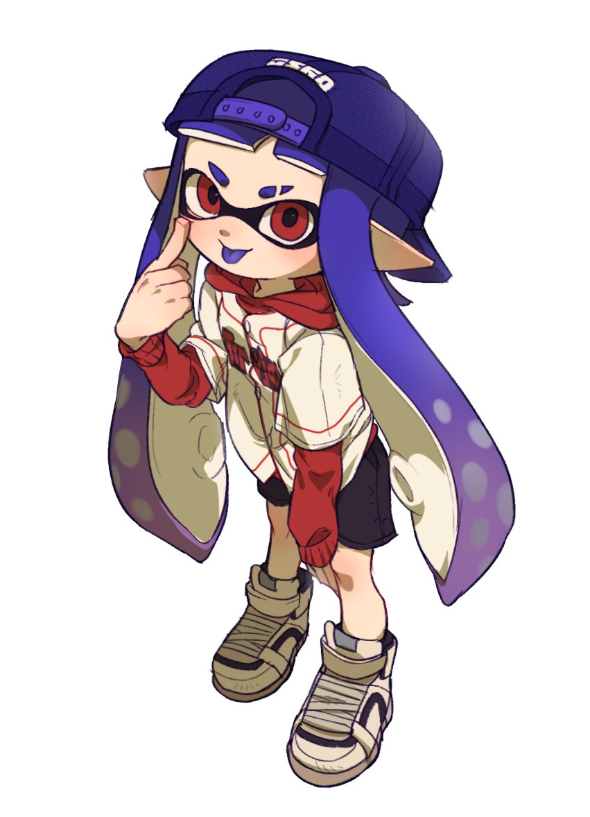 1girl, :p, backwards_hat, baseball_cap, black_shorts, blue_hair, blue_headwear, commentary_request