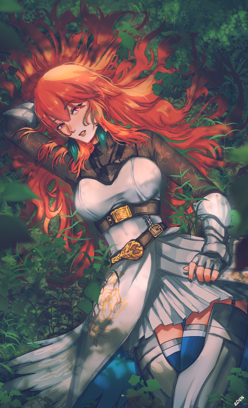 1girl, armor, artist_name, belt, breasts, commentary, earrings, eden_exile, english_commentary, feather_earrings, feathers, gradient_hair, grass, green_hair, highres, hololive, hololive_english, jewelry, large_breasts, long_hair, looking_at_viewer, lying, multicolored_hair, official_alternate_costume, on_back, open_mouth, orange_hair, outdoors, pink_eyes, skirt, smile, solo, takanashi_kiara, takanashi_kiara_(knight), thigh-highs, virtual_youtuber, zettai_ryouiki