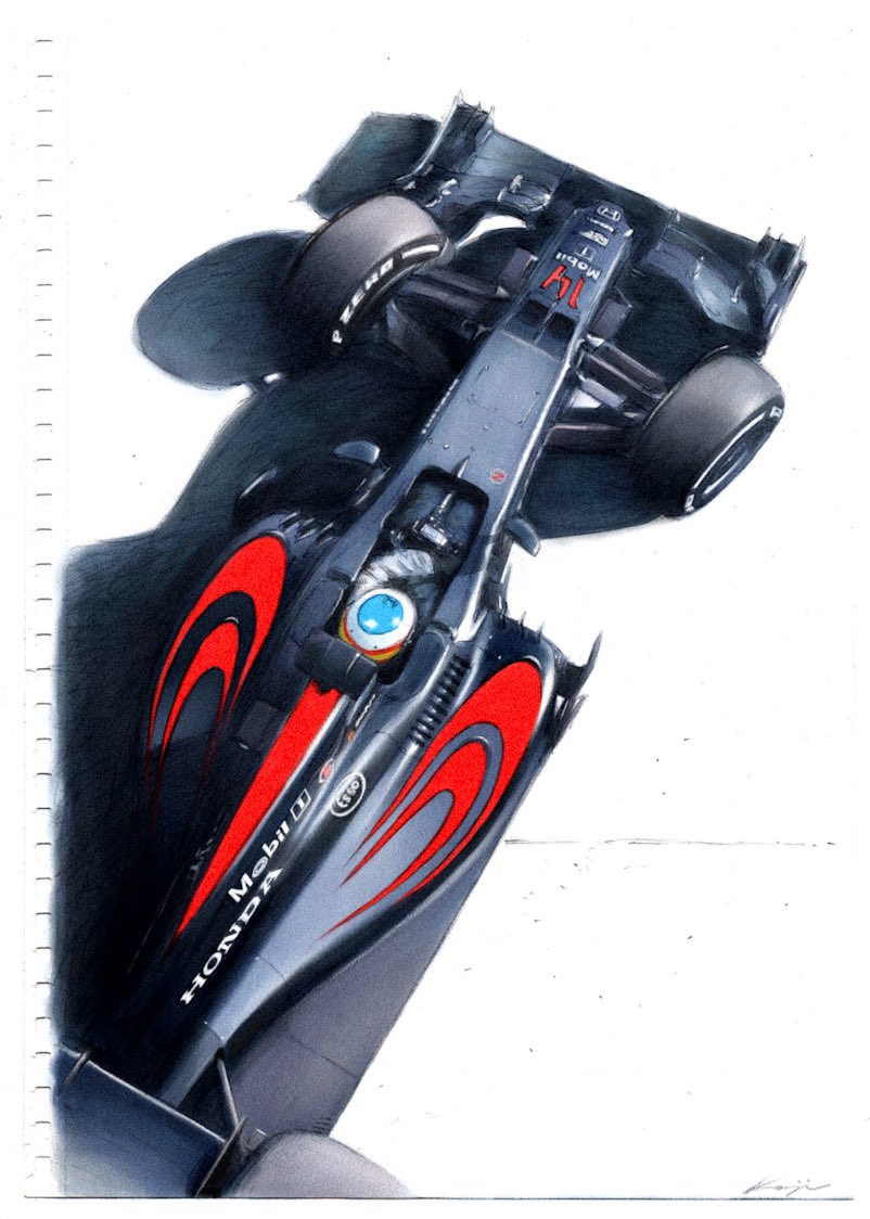 1boy, black_gloves, car, fernando_alonso, formula_one, formula_racer, from_above, gloves, helmet, honda, jacket, kondo_koji_(automotive_artist), mclaren, mobil1, motor_vehicle, race_vehicle, racecar, real_life, solo, spoiler_(automobile), traditional_media, vehicle_focus, white_background, white_jacket