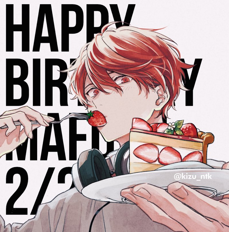 1boy, cake, english_text, food, fork, fruit, given, grey_background, grey_shirt, happy_birthday, headphones, headphones_around_neck, holding, holding_fork, holding_plate, kizu_natsuki, light_blush, looking_at_viewer, male_focus, plate, red_eyes, redhead, satou_mafuyu, shirt, simple_background, solo, strawberry, strawberry_shortcake, upper_body
