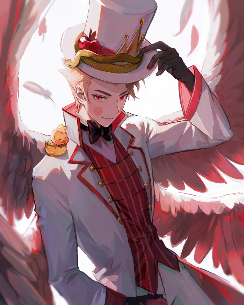 1boy, apple, arm_behind_back, black_footwear, black_gloves, blonde_hair, boots, character_name