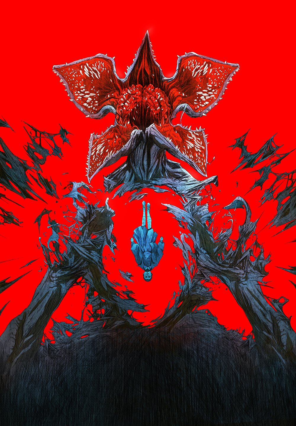 1girl, bandaged_leg, bandages, blood, chun_lo, colored_skin, demogorgon, destroyed