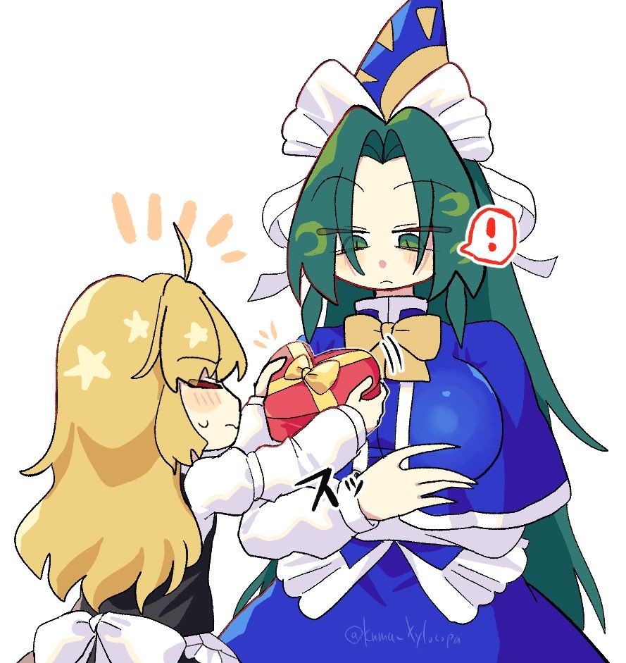 2girls, blonde_hair, blue_dress, blush, bow, box, braid, closed_eyes