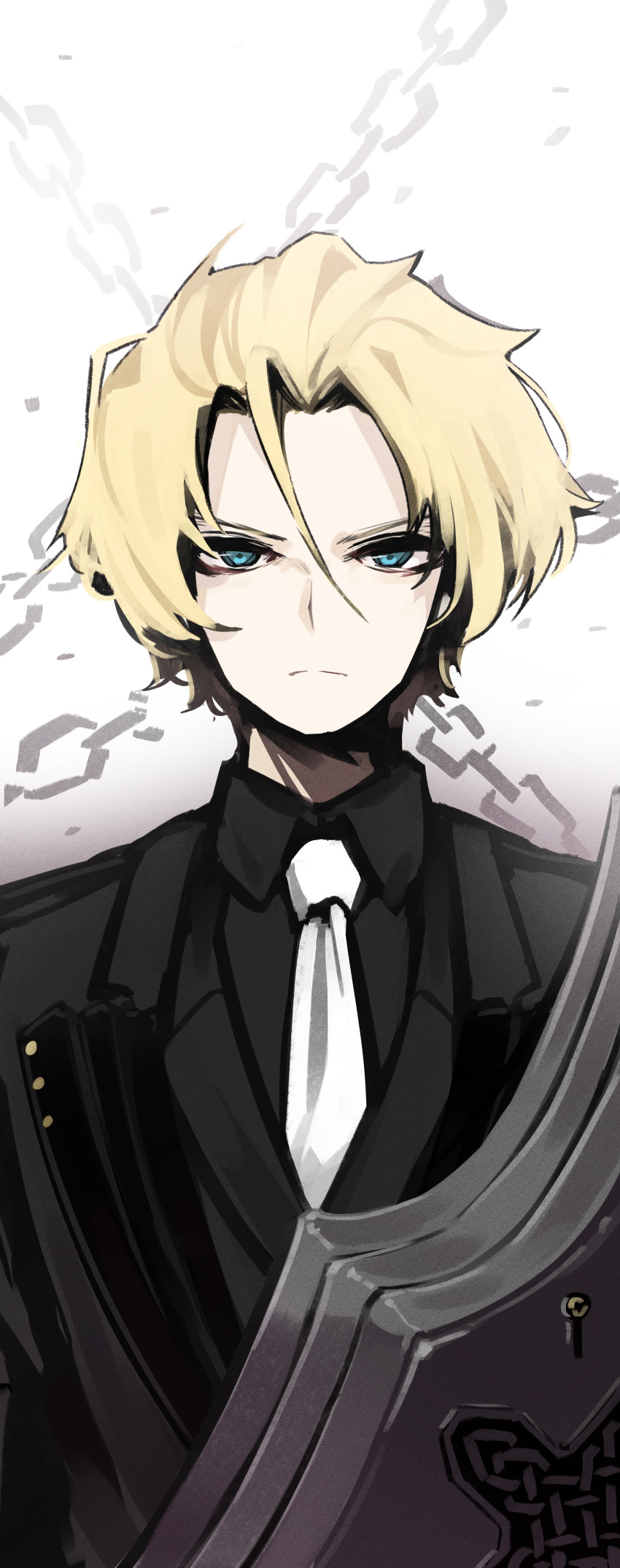1boy, absurdres, black_jacket, black_shirt, black_vest, blonde_hair, blue_eyes, chain