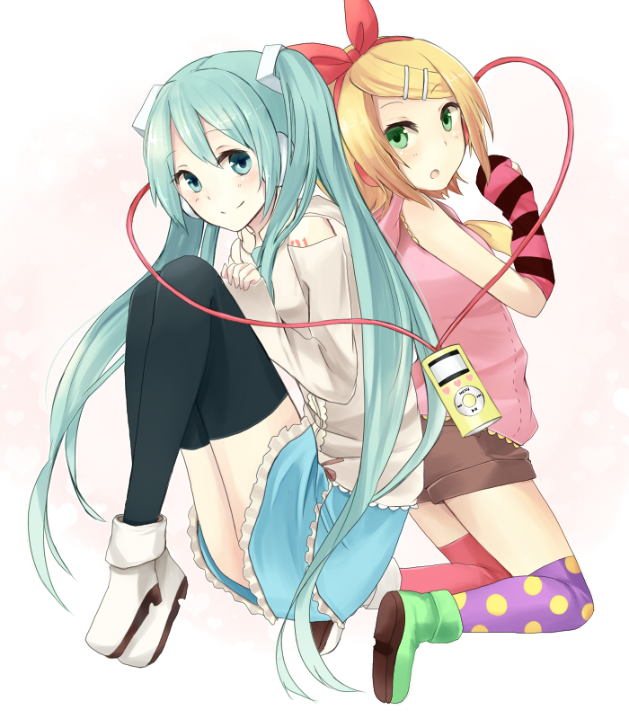 aqua_eyes, aqua_hair, arm_warmers, back-to-back, black_legwear, blonde_hair, digital_media_player, earphones