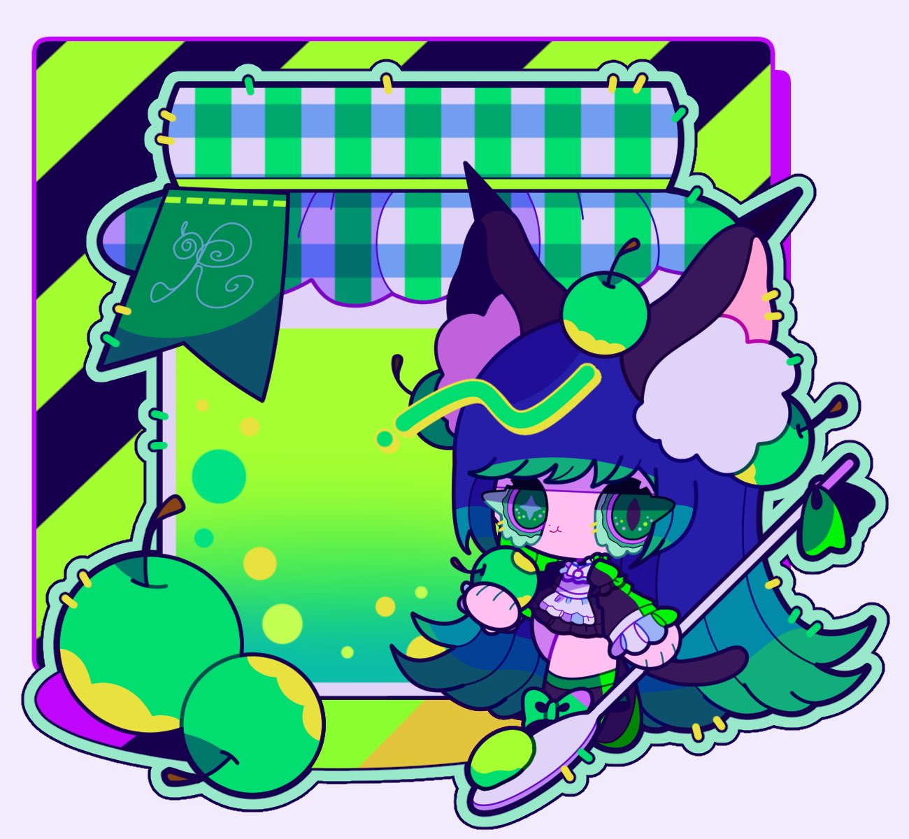 1girl, animal_ears, apple, blue_hair, chibi, food, fruit, gradient_hair
