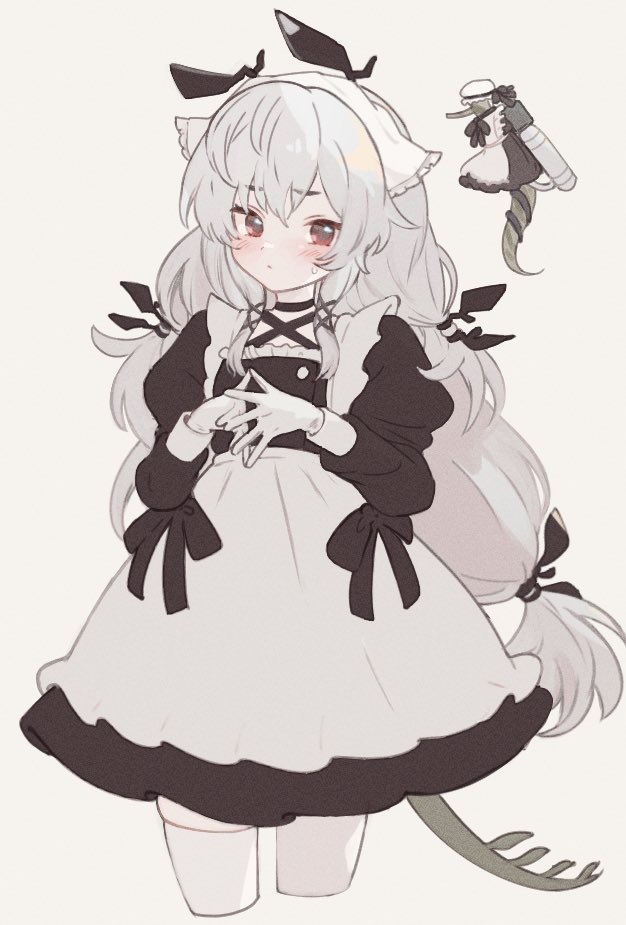 1girl, alternate_costume, apron, arknights, arouni22, black_dress, blush, commentary