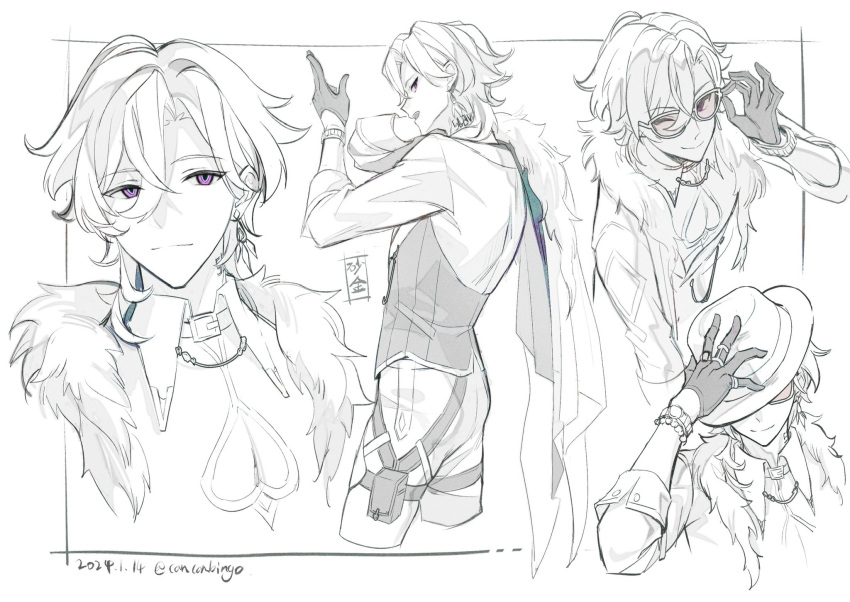 1boy, aventurine_(honkai:_star_rail), bracelet, cancanbingo, closed_mouth, clothing_cutout, collared_shirt, earrings