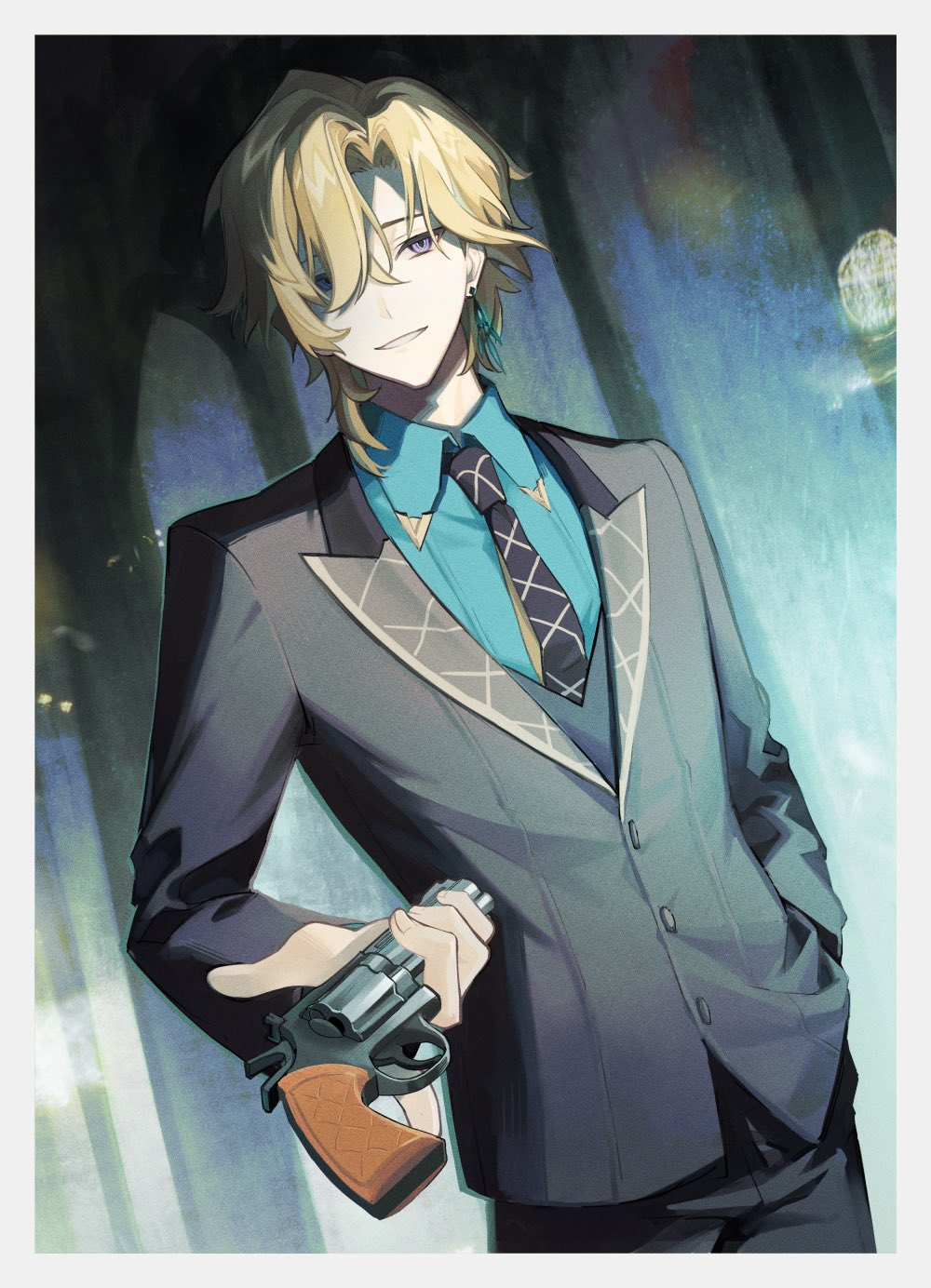 1boy, aqua_shirt, aventurine_(honkai:_star_rail), black_jacket, blonde_hair, cancanbingo, collared_shirt, earrings