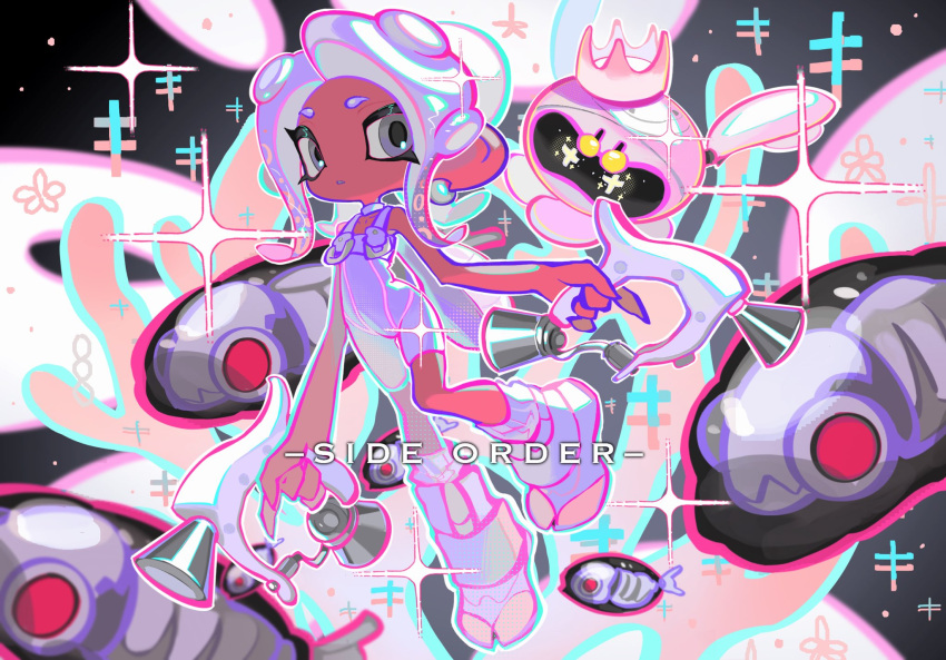 2girls, agent_8_(splatoon), bodysuit, boots, choker, copyright_name, crown, dark-skinned_female