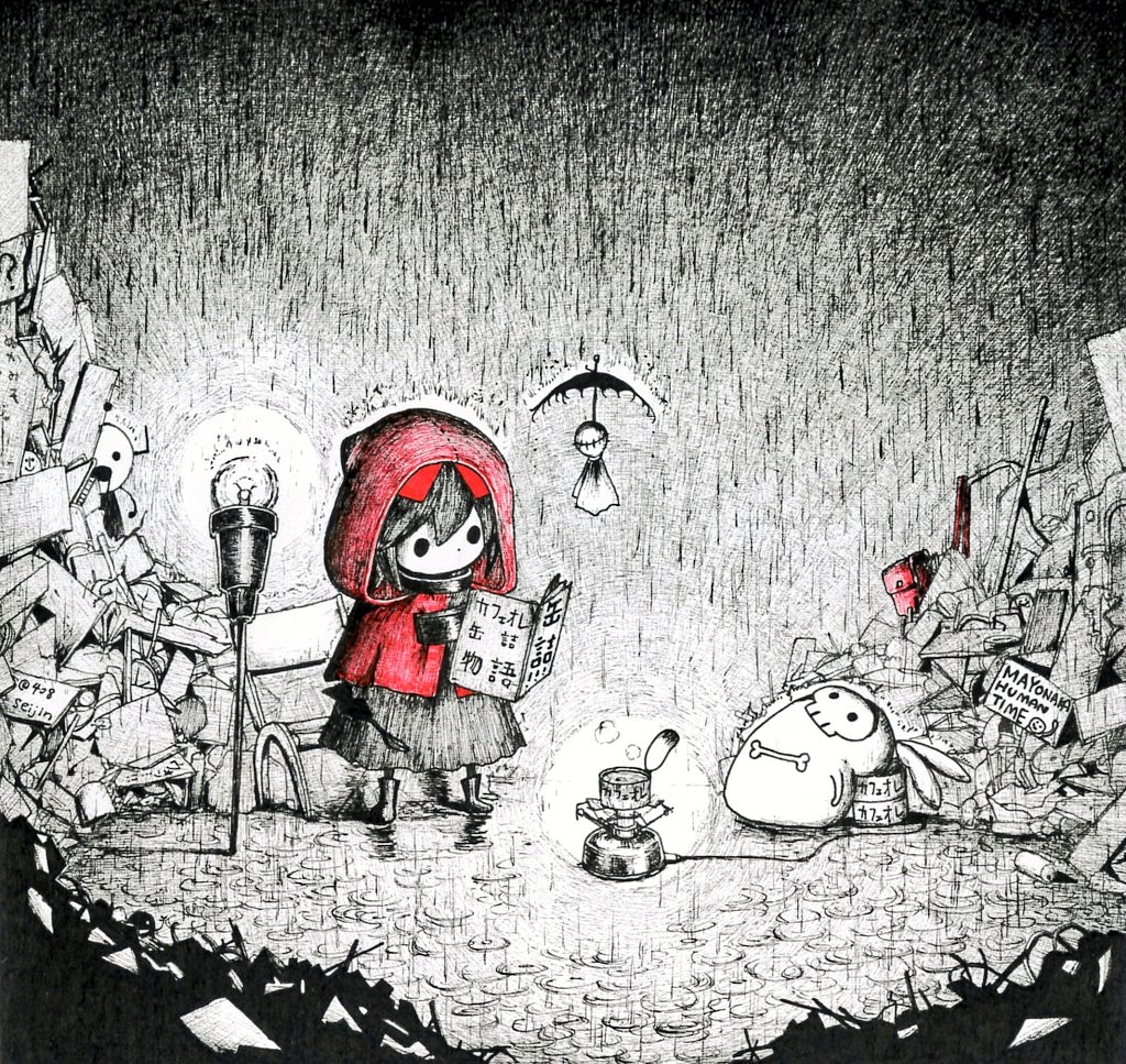 1girl, backpacking_stove, bag, ballpoint_pen_(medium), book, boots, can, canned_food, capelet, chibi, coat_rack, cooking, creature, dress, floating, floating_object, greyscale, hino_(yatara), holding, holding_book, holding_spoon, hood, hood_up, hooded_capelet, light_bulb, mask, moni_moni_skeleton_(yatara), monochrome, no_mouth, open_book, original, pile_of_trash, planted, rain, reading, reclining, red_bag, red_capelet, ripples, short_hair, skull_mask, solid_circle_eyes, spoon, spot_color, staff, standing, teruterubouzu, traditional_media, trash, unworn_bag, wide_shot, yatara