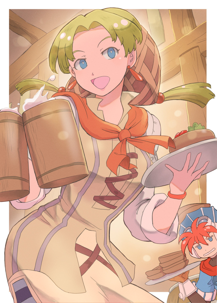 1boy, 1girl, absurdres, breasts, cross-laced_clothes, earrings, food, grandia
