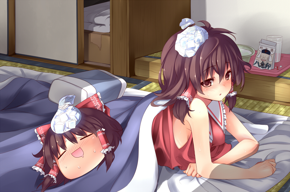 akeboshi_kagayo, blush, bow, brown_eyes, brown_hair, hair_bow, hakurei_reimu, ice_pack