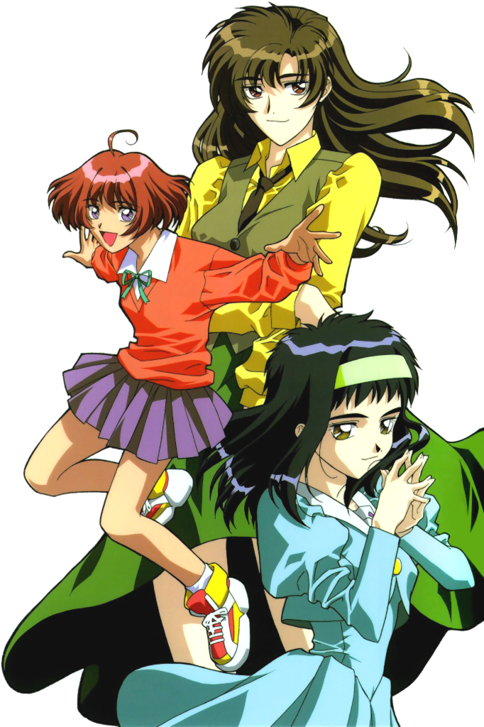 90s, :d, ahoge, black_hair, blue_hair, bow, brown_hair, dress