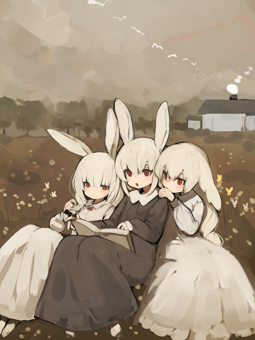 3girls, :o, absurdres, animal_ears, animal_feet, black_bow, black_dress, book