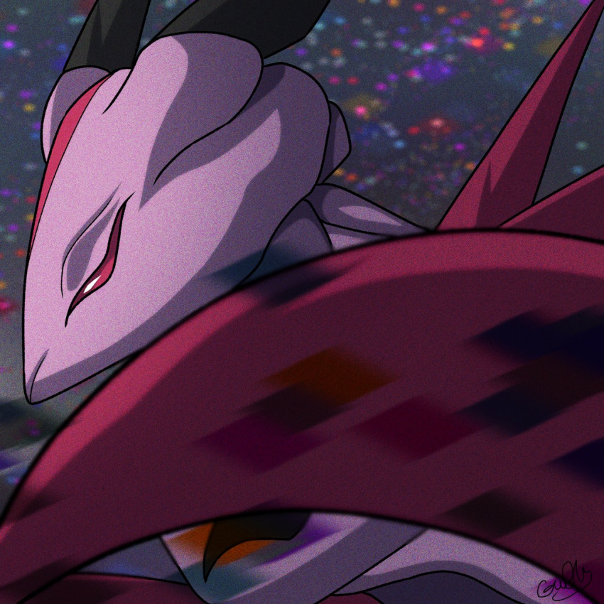 arkadimon_child, claws, colored_skin, digimon, digimon_(creature), highres, horns, looking_to_the_side, lupus_reiko, monster, pink_skin, red_eyes, solo, spikes