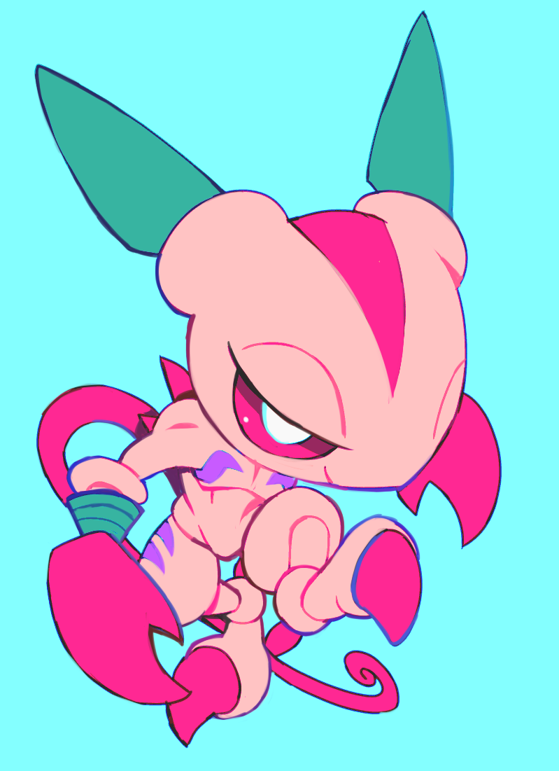 arkadimon_child, blue_background, chibi, chibi_only, claws, colored_sclera, digimon, extyrannomon
