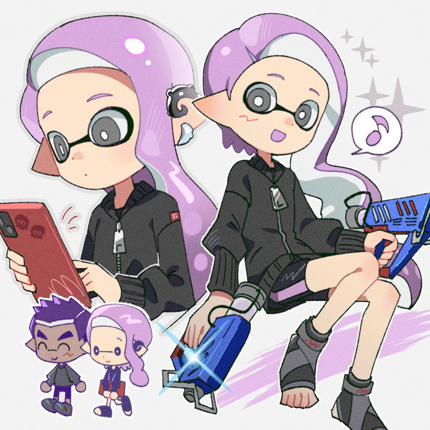 1boy, 1girl, :d, bike_shorts, black_sweater, chibi, chibi_inset, closed_eyes
