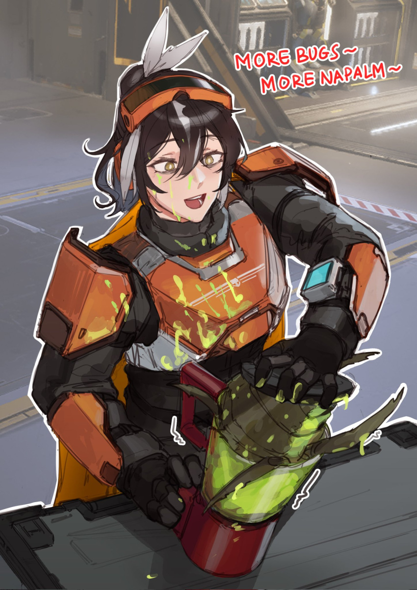 1girl, alien, animal, armor, black_gloves, blender_(object), blood, bright_pupils