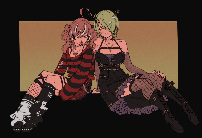 2girls, ahoge, antler_ribbon, antlers, belt_chain, black_sweater, breasts, brown_eyes