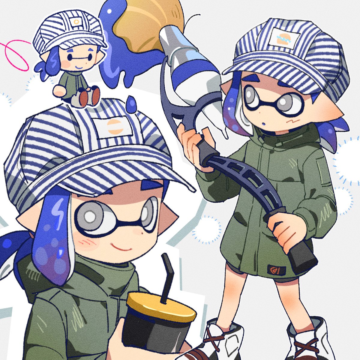 1boy, blue_hair, blue_headwear, bright_pupils, chibi, chibi_inset, closed_mouth, commentary