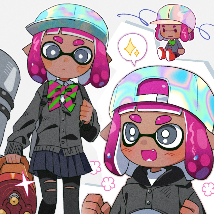 1girl, :3, backwards_hat, baseball_cap, black_pants, blue_skirt, bow, bowtie