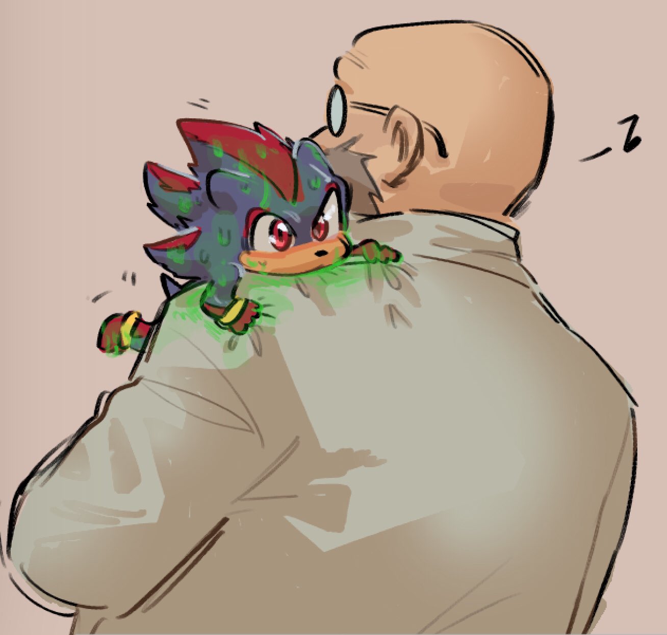 2boys, aged_down, animal_ears, bald, bl00doodle, brown_background, carrying, child