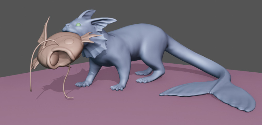 3d, animal_focus, artist_name, black_eyes, blender_(medium), carp, chrismasna, claws, closed_mouth, commentary, english_commentary, fins, fish, fish_in_mouth, fish_tail, from_side, full_body, grass, head_fins, holding, magikarp, making-of, mouth_hold, no_humans, on_ground, open_mouth, otter, pokemon, pokemon_(creature), predation, realistic, signature, simple_background, standing, tail, tongue, vaporeon, whiskers, wide-eyed