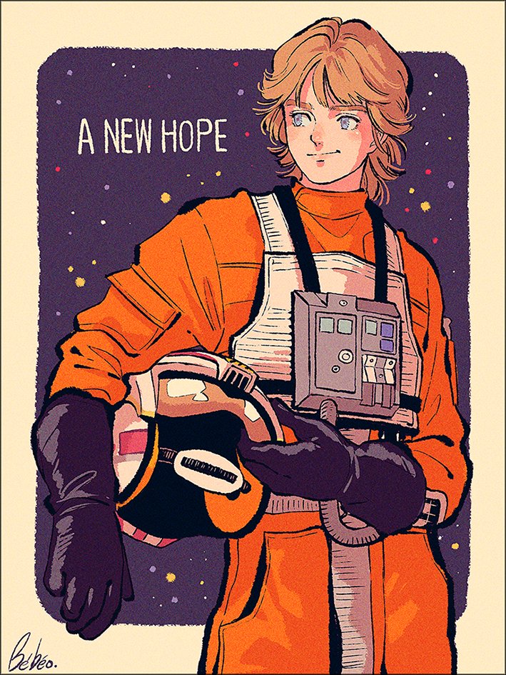 1boy, animification, artist_name, bbo_sy, belt, black_gloves, blonde_hair, blue_eyes, blush, bodysuit, border, cable, closed_mouth, copyright_name, gloves, hand_up, helmet, holding, holding_helmet, looking_to_the_side, luke_skywalker, male_focus, orange_bodysuit, outside_border, pocket, purple_background, short_hair, smile, solo, standing, star_wars, star_wars:_a_new_hope, unworn_headwear, unworn_helmet, vest, white_belt, white_border, white_vest