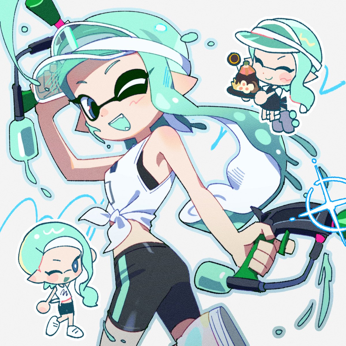 1girl, aqua_hair, bare_shoulders, bike_shorts, black_shorts, blue_eyes, chibi, chibi_inset
