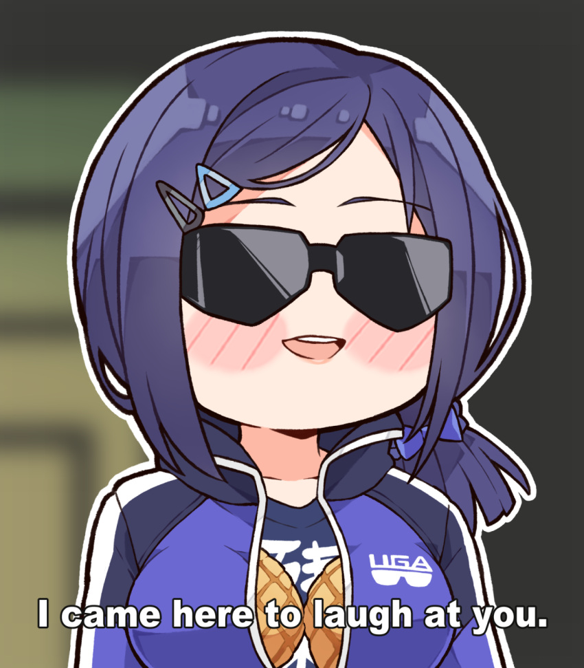 1girl, a-chan_(3rd_costume)_(hololive), a-chan_(hololive), blue_hair, blush_stickers, bread, breast_padding, english_text