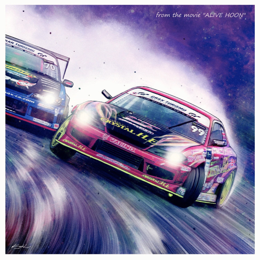 1boy, alivehoon, car, copyright_name, drifting, glowing, gran_turismo, highres