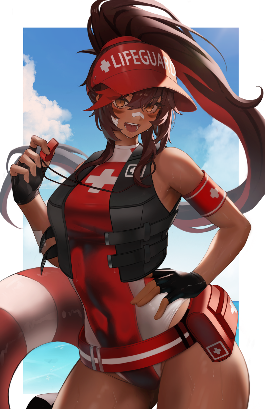 1girl, alternate_costume, arc2urus, armband, bandaid, bandaid_on_face, bandaid_on_nose, black_gloves