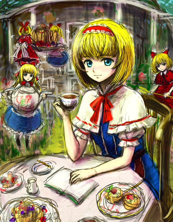 aqua_eyes, blonde_hair, blue_eyes, book, bow, capelet, cup, doll