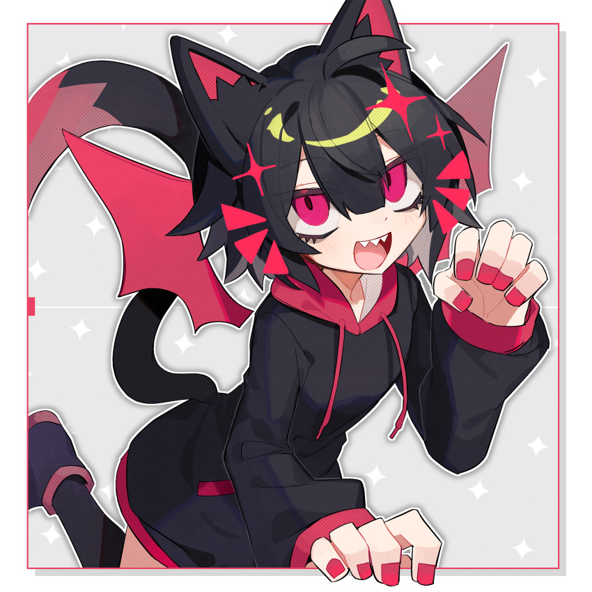 1girl, absurdres, ahoge, animal_ear_fluff, animal_ears, bat_wings, black_hair, black_socks