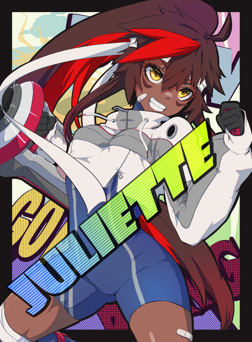 1girl, absurdres, ahoge, bandaid_on_thigh, black_border, black_gloves, blue_bodysuit, bodysuit