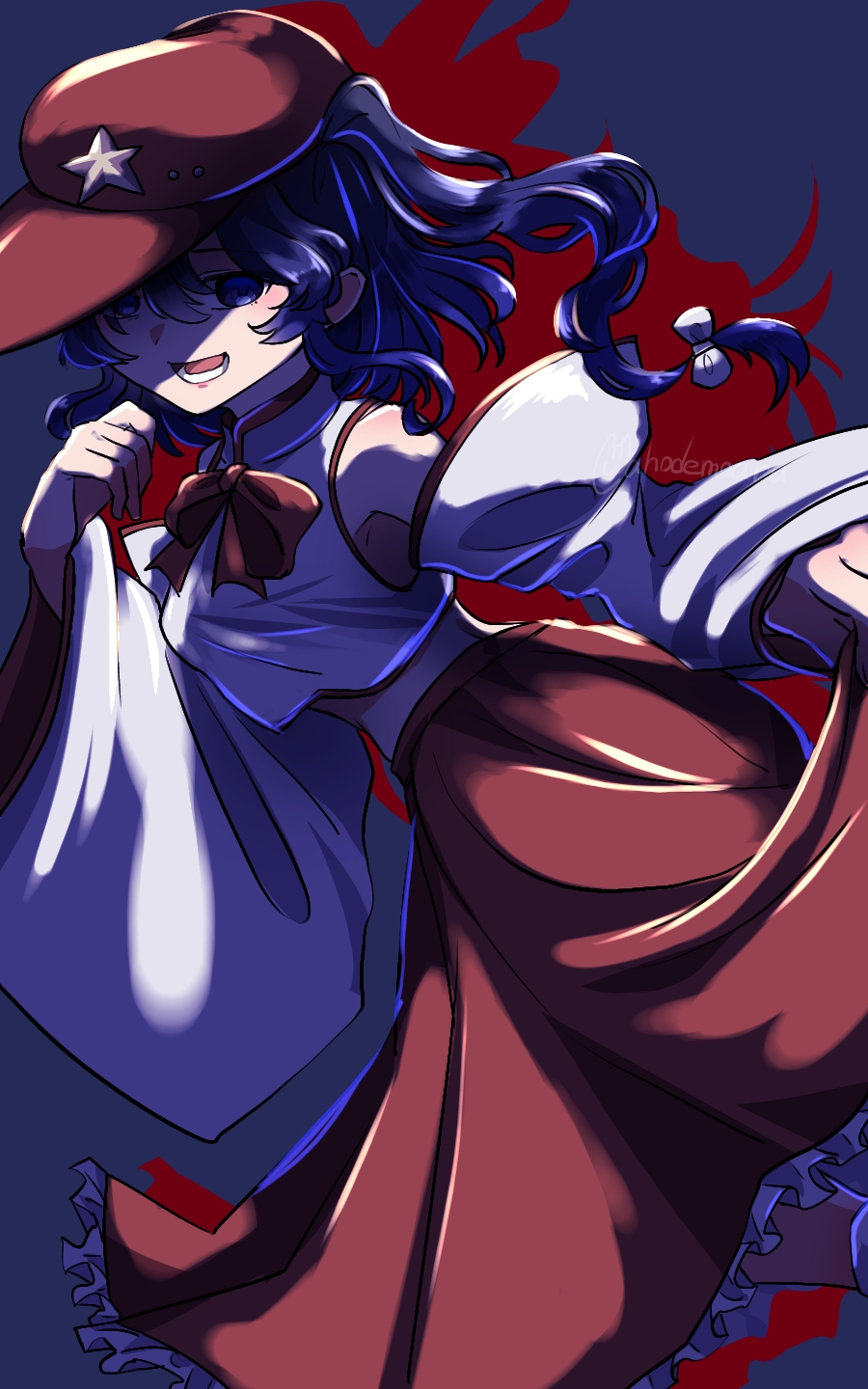 1girl, ahodemoaru, bare_shoulders, bow, bowtie, breasts, cabbie_hat, feet_out_of_frame, flat_cap, frilled_skirt, frills, hat, hat_ornament, highres, label_girl_(dipp), long_hair, long_sleeves, looking_at_viewer, mandarin_collar, midriff, nontraditional_miko, open_mouth, purple_hair, red_bow, red_bowtie, red_skirt, shirt, side_ponytail, skirt, skirt_hold, sleeveless, sleeveless_shirt, small_breasts, solo, star_(symbol), star_hat_ornament, touhou, violet_eyes, white_shirt, white_sleeves, wide_sleeves