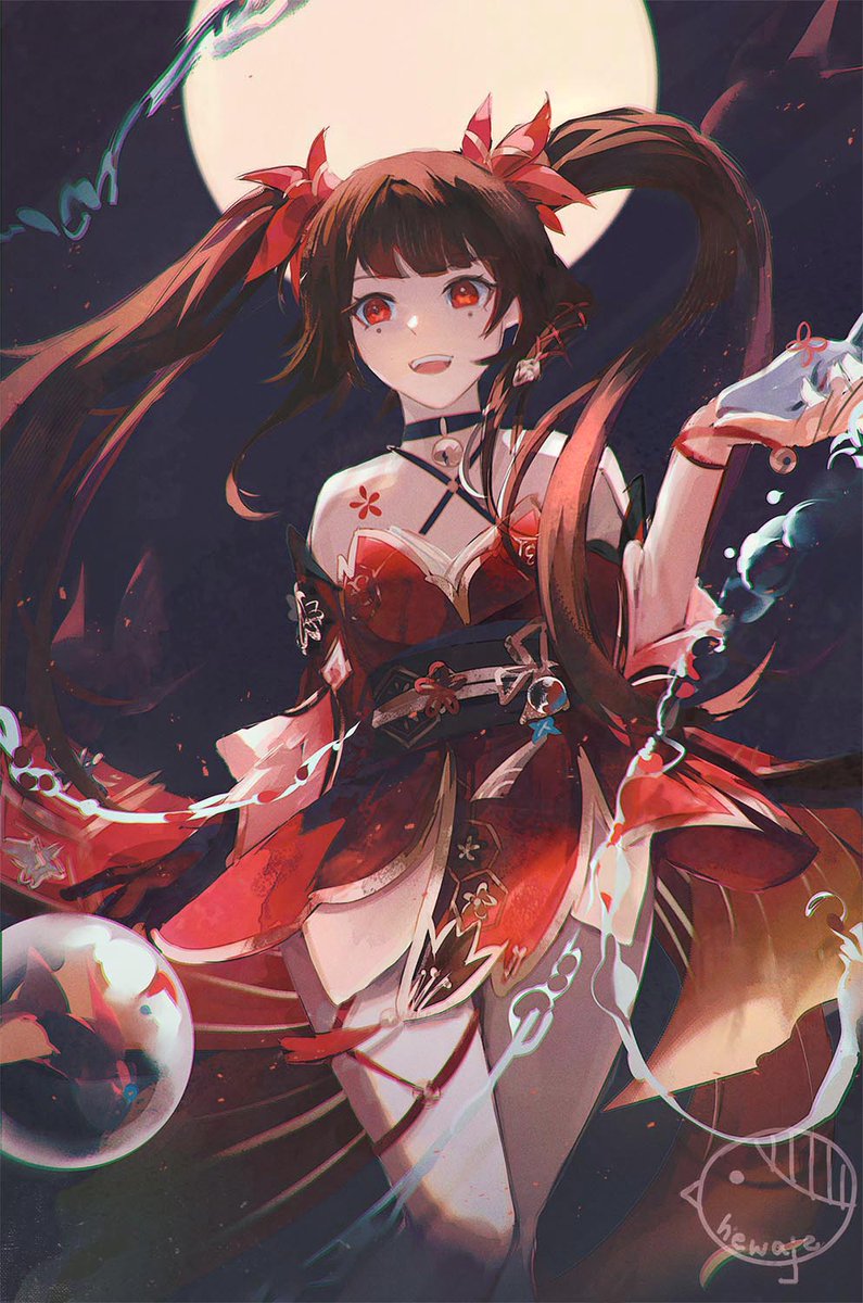 1girl, :d, bare_shoulders, bell, black_choker, bow, brown_hair, chest_tattoo