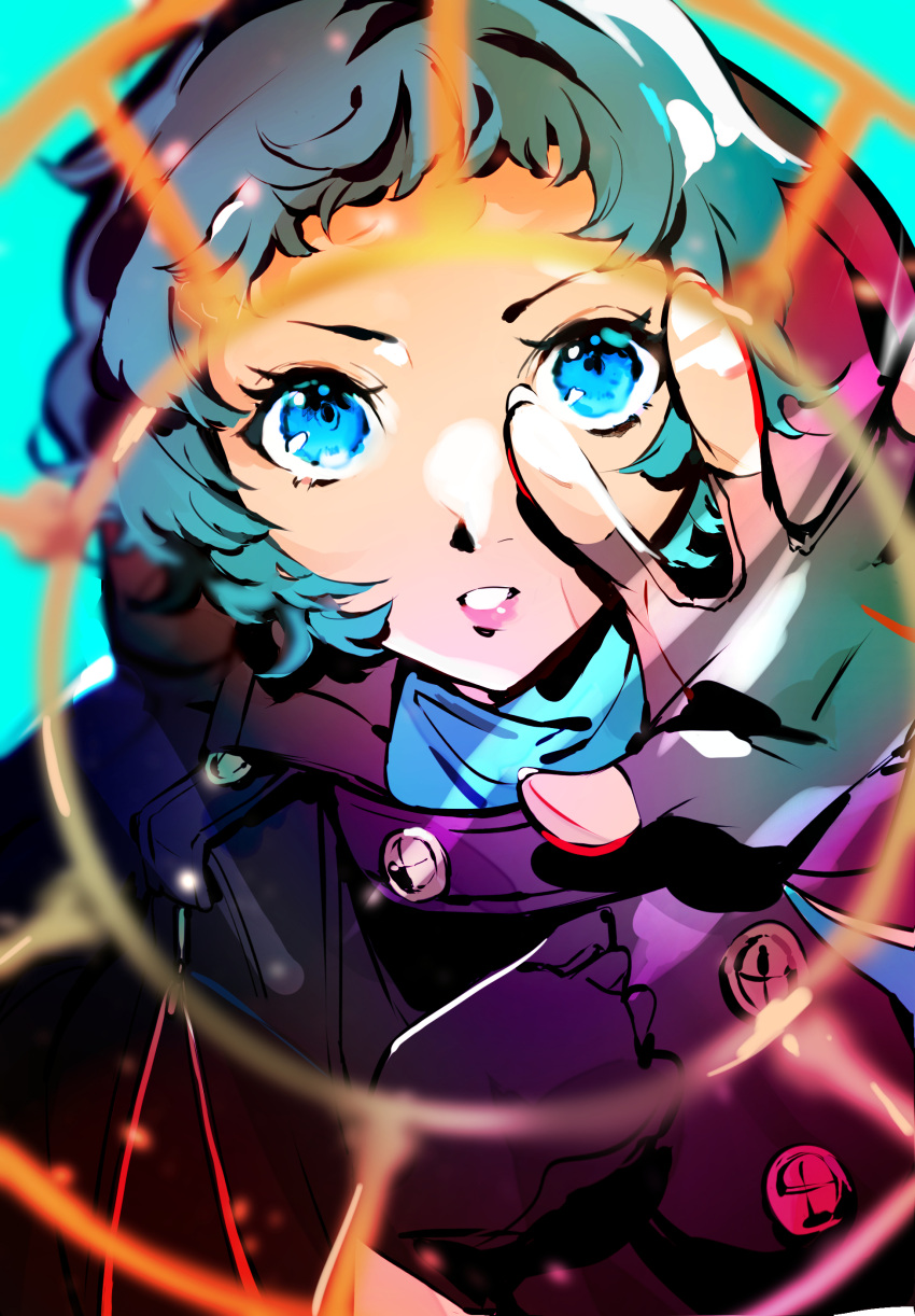 1girl, absurdres, aqua_hair, aqua_sweater, arm_up, black_jacket, blue_eyes, blurry