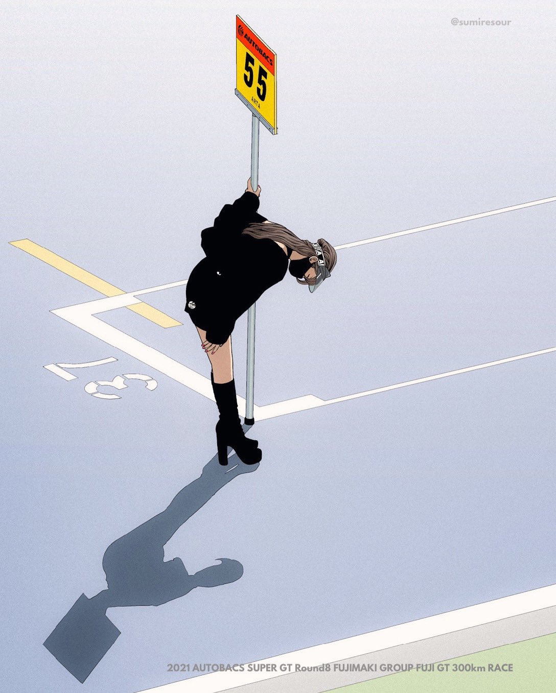 1girl, autobacs_racing_team_aguri, black_footwear, black_shorts, black_sweater, boots, bowing, brown_hair