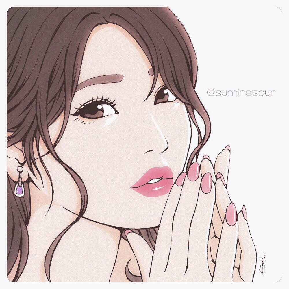 1girl, brown_eyes, brown_hair, earrings, grey_background, jewelry, kondo_koji_(kojikon), lipstick, long_hair, looking_at_viewer, makeup, parted_lips, pink_lips, pink_nails, portrait, real_life, sawa_sumire, solo, twitter_username