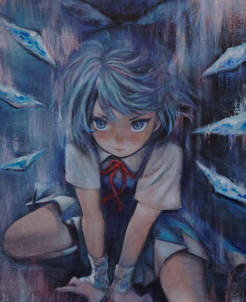 1girl, absurdres, between_legs, blue_bow, blue_dress, blue_eyes, blue_hair, blush