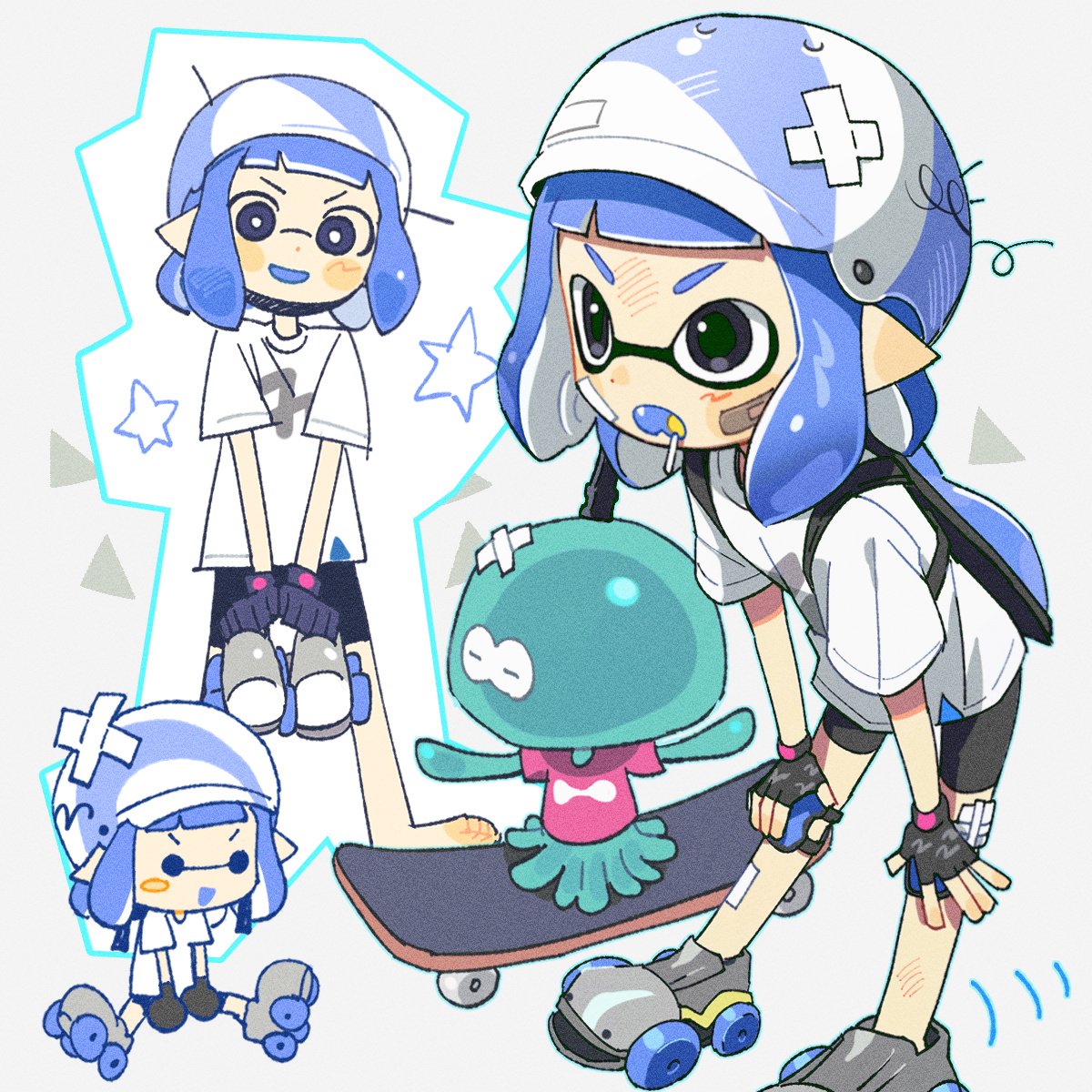 1girl, bandaid, bandaid_on_face, bike_shorts, black_eyes, black_gloves, blue_hair, blue_headwear