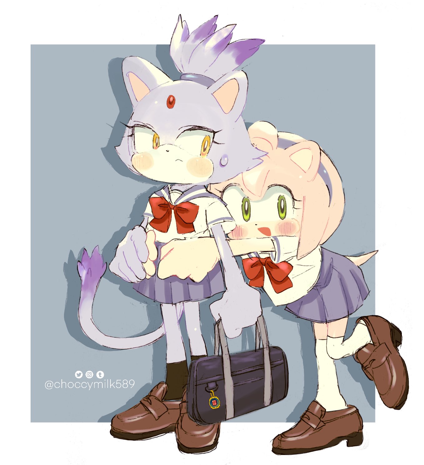 2girls, amy_rose, animal_ears, artist_name, black_socks, blaze_the_cat, blue_hairband, blue_skirt