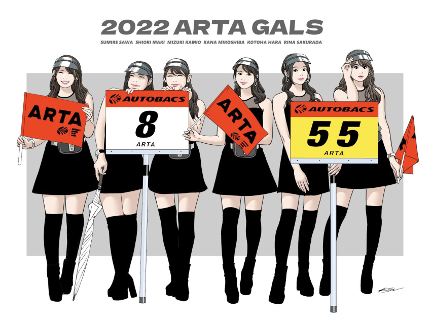 2022, 6+girls, ^_^, autobacs_racing_team_aguri, belt, black_footwear, black_hair, black_thighhighs, boots, brown_hair, character_name, closed_eyes, dress, earrings, fanny_pack, flag, full_body, grey_background, grey_belt, hair_behind_ear, hara_kotoha, high_heel_boots, high_heels, highres, holding, holding_flag, hoop_earrings, jewelry, kamio_mizuki, kondo_koji_(kojikon), looking_ahead, maki_shiori_(race_queen), mikoshiba_kana, multiple_girls, pink_lips, racequeen, real_life, sakurada_rina, sawa_sumire, signature, sleeveless, sleeveless_dress, smile, super_gt, thigh-highs, visor_cap