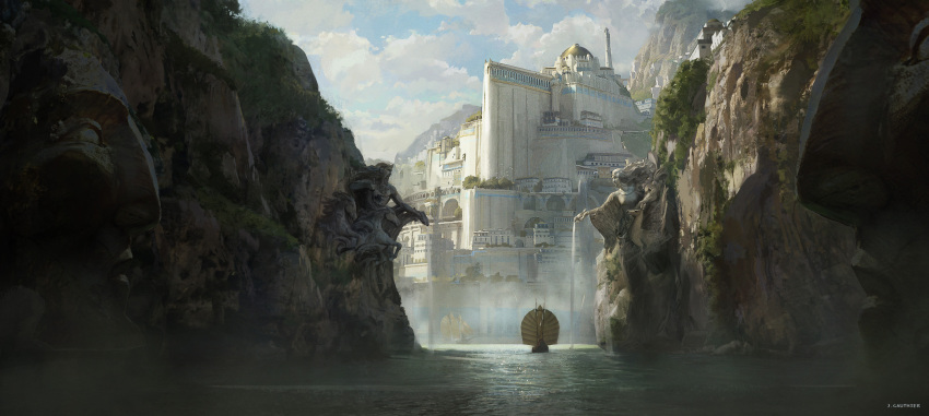 absurdres, city, cliff, dome, fantasy, highres, no_humans, numenor