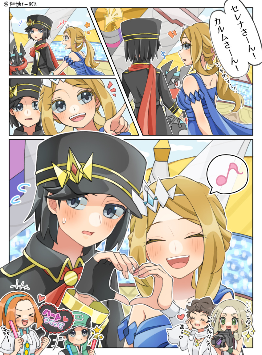 >_<, 2boys, 4girls, alternate_color, black_hair, black_headwear, blonde_hair, blue_dress