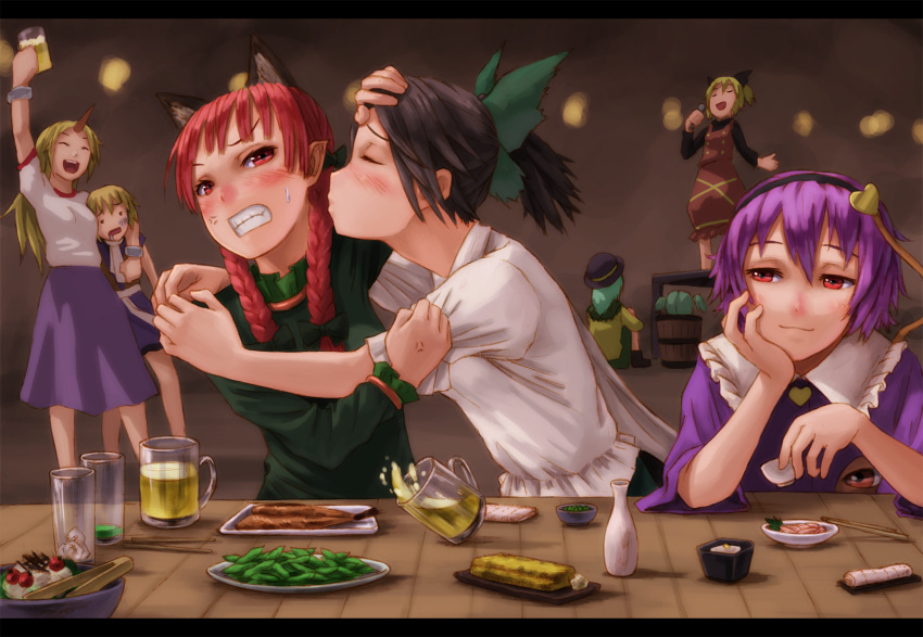 blonde_hair, bow, braid, cat_tail, drunk, eyes, food, green_hair, hair_bow, hat, heart, highres, horn, hoshiguma_yuugi, incipient_kiss, kaenbyou_rin, kiss, kisume, komeiji_koishi, komeiji_satori, kurione_(pixiv), kurione_(zassou), kurodani_yamame, long_hair, mizuhashi_parsee, multiple_girls, red_eyes, red_hair, redhead, reiuji_utsuho, short_hair, spill, subterranean_animism, tail, third_eye, touhou, twin_braids, wings, yuri