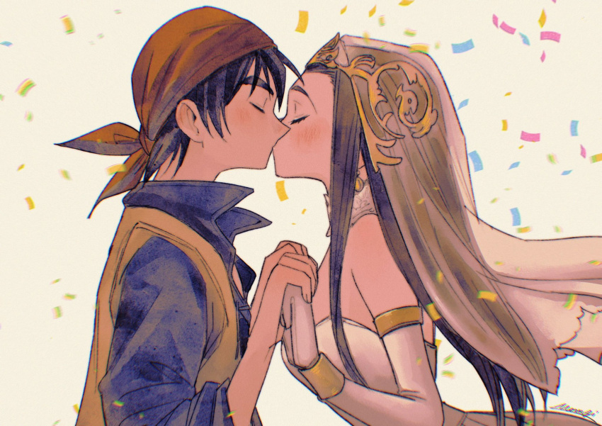 1boy, 1girl, bandana, bare_shoulders, black_hair, blue_shirt, blush, bracelet